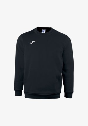 Schwarzer Langarm-Sweatshirt mit Rundhalsausschnitt, gerippten Bündchen und Saum, mit kleinem weißem Joma-Logo auf der linken Brust und Innenetikett am Kragen.