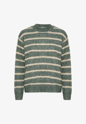 Green and cream striped sweater, knitted texture, round neckline, long sleeves, loose fit, soft material, ribbed hem.