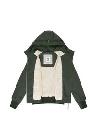Giacca verde con cappuccio, dotata di una fodera morbida color crema, polsini a coste e zip frontale. Etichetta visibile all'interno.