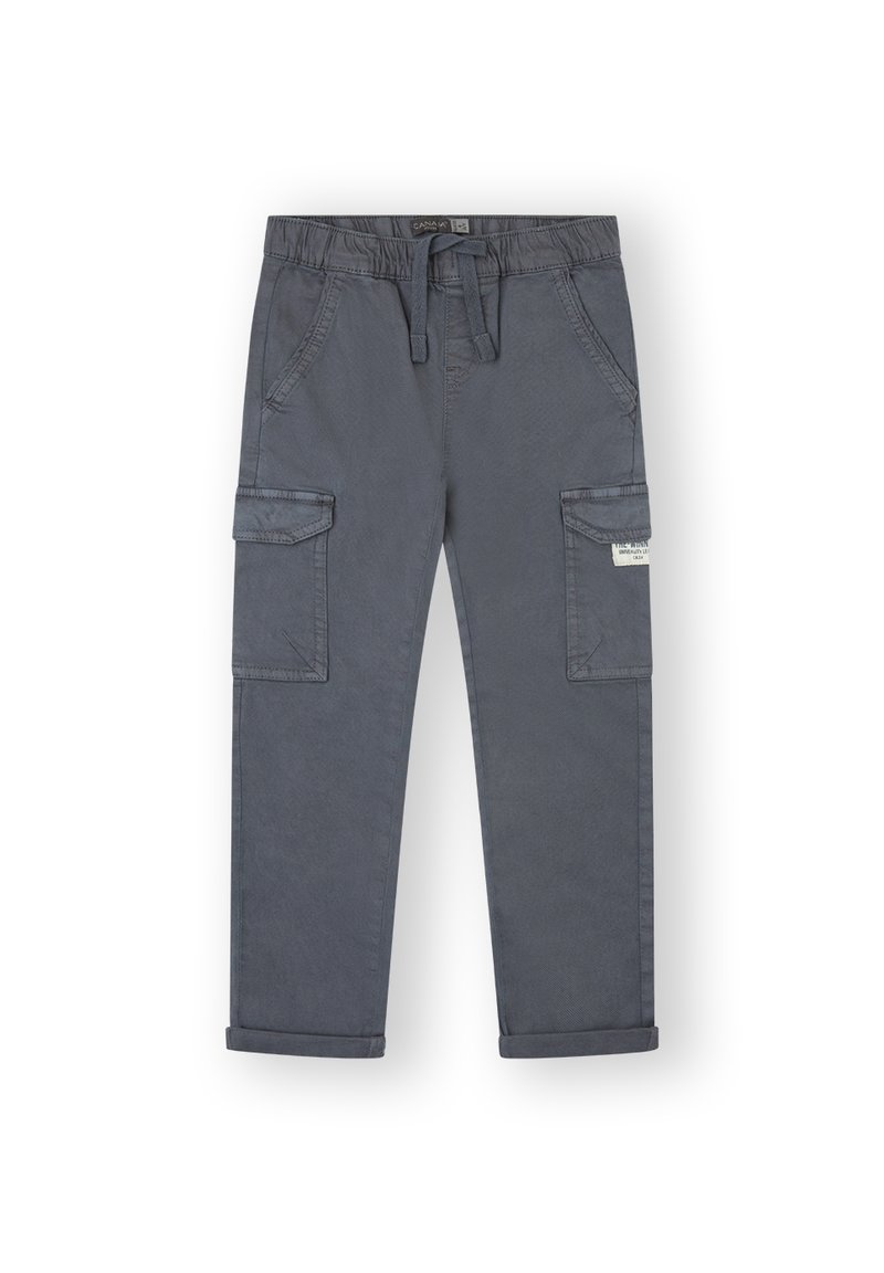 Pantalones cargo grises de algodón, con cinturilla elástica, múltiples bolsillos, piernas rectas y puños enrollados para un look casual.