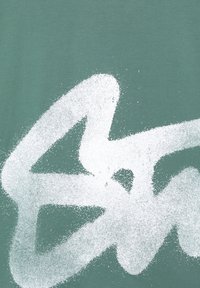 Vihreä puuvillakangas, jossa on suuri valkoisella spraymaalilla tehty abstrakti kuvio. Kankaan pinta näyttää sileältä ja siinä on matta viimeistely. Ei muita näkyviä yksityiskohtia.