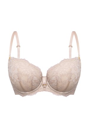Koronkowy biustonosz w jasnym beżu z wyprofilowanymi miseczkami, złożonym wzorem florystycznym, regulowanymi ramiączkami i złotym wykończeniem na środku oraz w ramiączkach.