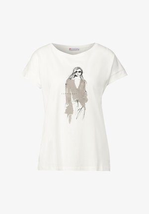 Witte katoenen t-shirt met korte mouwen, met een grafische illustratie van een vrouw in een zonnebril en het woord "CONFIDENT" in een beige kleur.