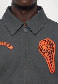 Grijze zip-up jack met een puntige kraag, met daarop een oranje geborduurde ijsje en het woord "DREAM" in oranje.