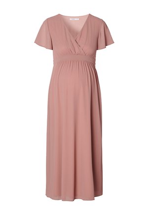 Umstandskleid in zartem Rosa, aus leichtem Stoff gefertigt. Mit V-Ausschnitt, kurzen Volantärmeln und einem Taillenbund unter der Brust für mehr Komfort.