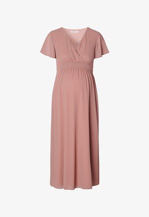 Umstandskleid in zartem Rosa, aus leichtem Stoff gefertigt. Mit V-Ausschnitt, kurzen Volantärmeln und einem Taillenbund unter der Brust für mehr Komfort.