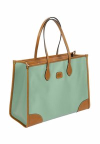 Borsa a tote verde menta con dettagli in pelle marrone, forma strutturata, superficie liscia e doppie maniglie per una maggiore comodità nel trasporto.