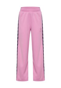 Różowe spodnie dresowe z miękkiego materiału, charakteryzujące się luźnym krojem, elastycznym pasem oraz czarnymi bocznymi paskami z geometrycznym wzorem.
