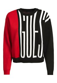 Pull en maille noir et rouge avec un texte blanc audacieux. Col rond, manches longues et coupe courte avec des éléments de design graphique.
