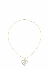 Collar de color dorado con una cadena delgada y un colgante en forma de corazón con diseños de corazones entrelazados y detalles brillantes.