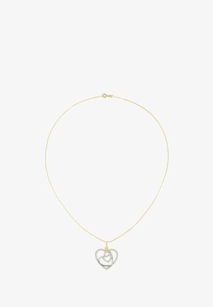 Naszyjnik w kolorze złotym z cienkim łańcuszkiem i zawieszką w kształcie serca, zdobioną splecionymi motywami serc i błyszczącymi akcentami.