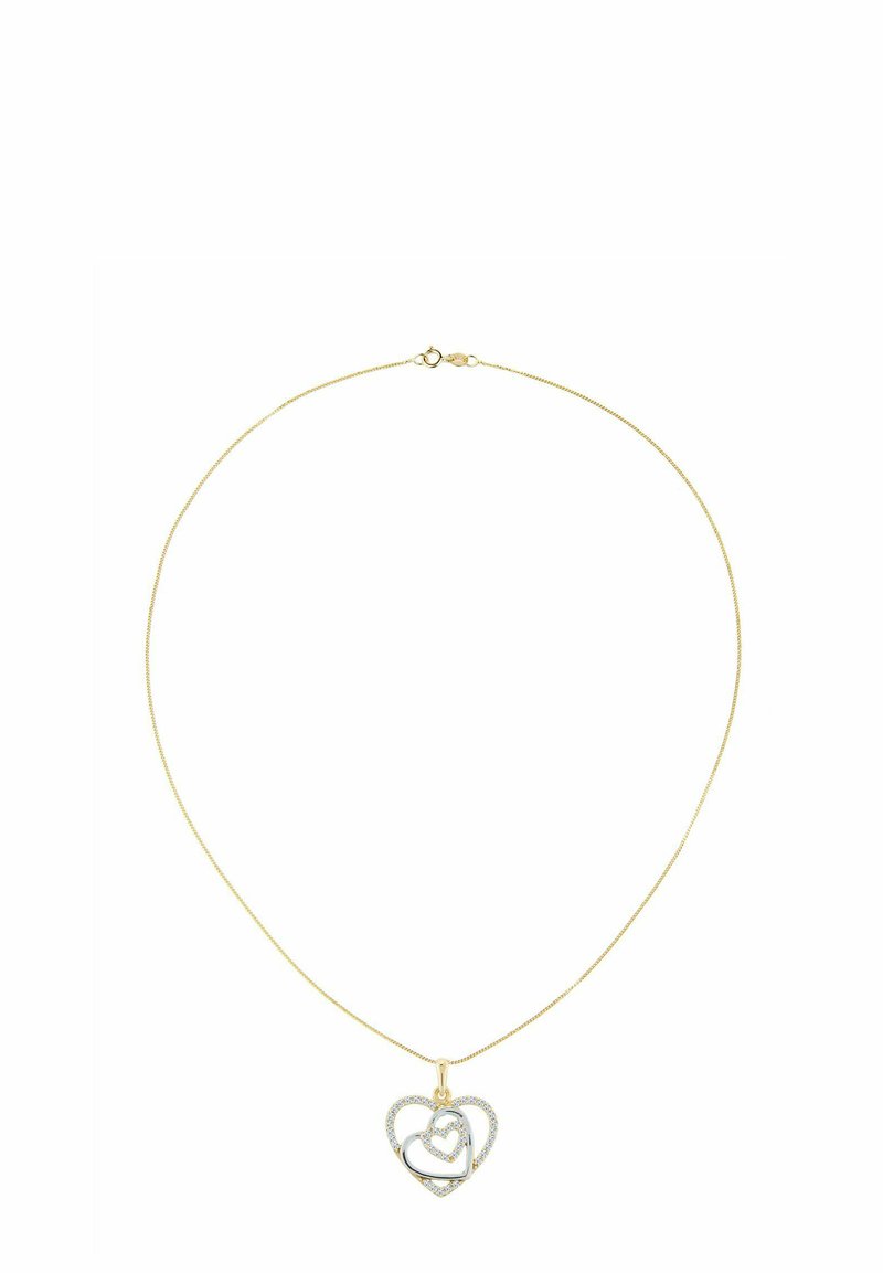 Collar de color dorado con una cadena delgada y un colgante en forma de corazón con diseños de corazones entrelazados y detalles brillantes.