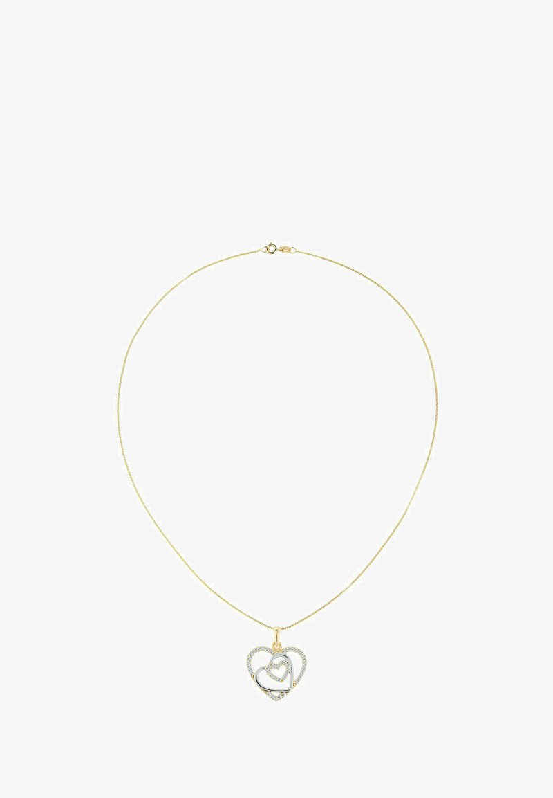 Collar de color dorado con una cadena delgada y un colgante en forma de corazón con diseños de corazones entrelazados y detalles brillantes.