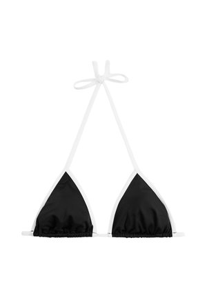 Czarny trójkątny top bikini z białą lamówką i cienkimi białymi ramiączkami wiązanymi na szyi i plecach, pokazany na białym tle.