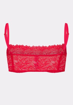 Red lace bralette with adjustable shoulder straps and floral pattern, designed for lightweight support and style.