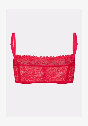 Red lace bralette with adjustable shoulder straps and floral pattern, designed for lightweight support and style.