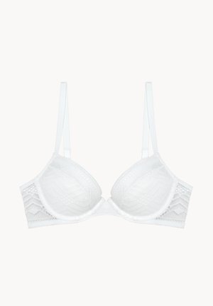 Soutien-gorge en dentelle blanche avec soutien-gorge à armatures, bonnets rembourrés, bretelles réglables et motifs géométriques sur les côtés. Texture de tissu lisse.