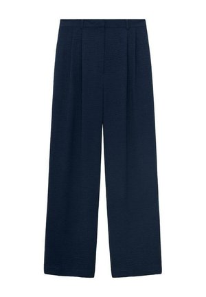 Marineblauwe weitem Beinhosen mit strukturierter Oberfläche, gefaltetem Vorderteil und maßgeschneideter Taille. Keine sichtbaren Verschlüsse, einfaches und elegantes Design.