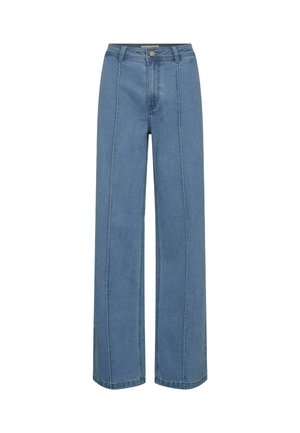 Jeans a gamba larga di colore blu chiaro in denim, con vita alta, chiusura frontale a bottone e cuciture visibili lungo le cuciture.