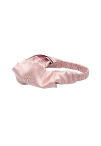 Pink satin headband with a twisted design at the front and an elastic back. Features a small embroidered flower detail. Smooth texture.