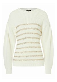 Weißer Strickpullover mit breiten, strukturierten Ärmeln und horizontalen goldenen Paillettenstreifen auf der Vorderseite. Rundhalsausschnitt und gerippte Bündchen.