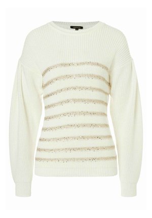 Weißer Strickpullover mit breiten, strukturierten Ärmeln und horizontalen goldenen Paillettenstreifen auf der Vorderseite. Rundhalsausschnitt und gerippte Bündchen.