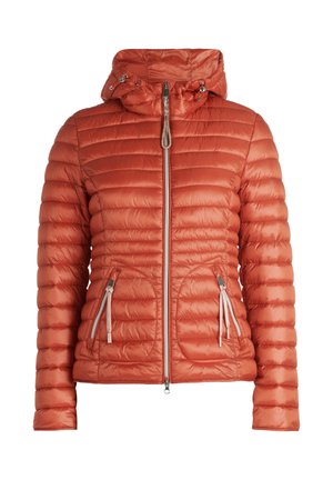 Gepolsterte orangefarbene Jacke mit einem Reißverschluss vorne, verstellbarer Kapuze, Seitentaschen und feiner Textur durch das gesteppte Design. Silberne Hardware-Akzente.