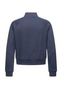 Navy blue sweatshirt with a high collar, ribbed cuffs and hem, raglan sleeves, soft texture, and no visible logos or designs on the back.