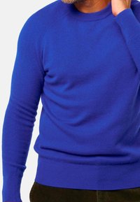 Königsblauer Strickpullover mit Rundhalsausschnitt, strukturierten Ärmeln und schmalem, geripptem Saum, der eine glatte Stoffoberfläche präsentiert.