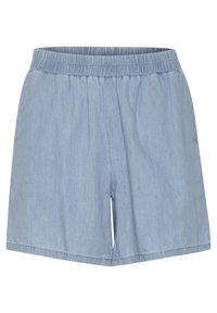 Vaaleansiniset shortsit, jotka on valmistettu pehmeästä kankaasta. Niissä on joustava vyötärö ja rento leikkaus, ilman taskuja tai koristuksia.