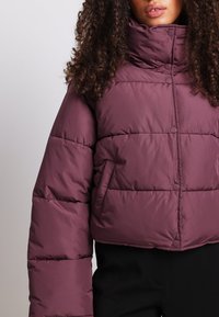 Kratinta pūkinė striukė slyvų spalvos, pagaminta iš lygios, paminkštintos medžiagos. Turi aukštą kaklą ir mygtukų užsegimą, taip pat šonines kišenes praktiškumui.