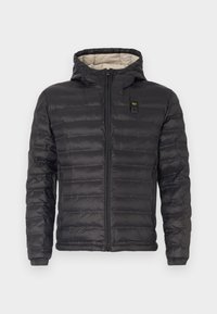 Giacca a vento nera con cappuccio, design trapuntato, chiusura anteriore con zip e polsini elastici. Presenta un rivestimento interno chiaro a contrasto.