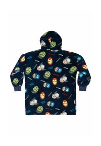 Felpa con cappuccio in pile blu navy con un colorato motivo di supereroi che presenta i volti di personaggi come Hulk, Iron Man e Thor. Include un cappuccio con cordino.