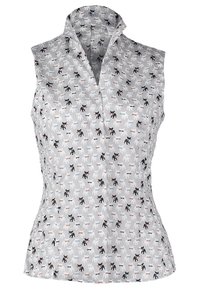 Harma sleeless-topp med små svart-hvite hundemønstre som bruker solbriller, med V-hals og oppreist krage.