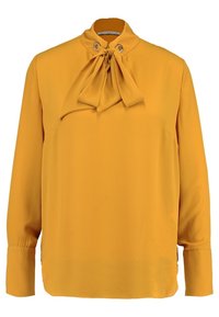 Senfgelbe Bluse mit hohem Ausschnitt, Schleifendetail am Kragen, langen Ärmeln und glattem, leichtem Stoff.