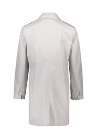 Giacca impermeabile grigio chiaro dal design semplice, bottoni monopetto, maniche lunghe e taglio dritto, con colletto classico.