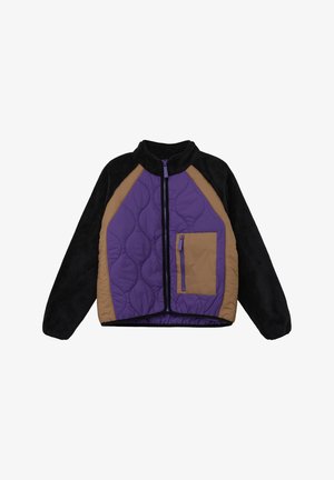 Gepolsterte Jacke in Schwarz, Lila und Braun. Mit Stehkragen, durchgehendem Reißverschluss vorne und einer Seitentasche mit lila Reißverschluss. Weicher Griff.