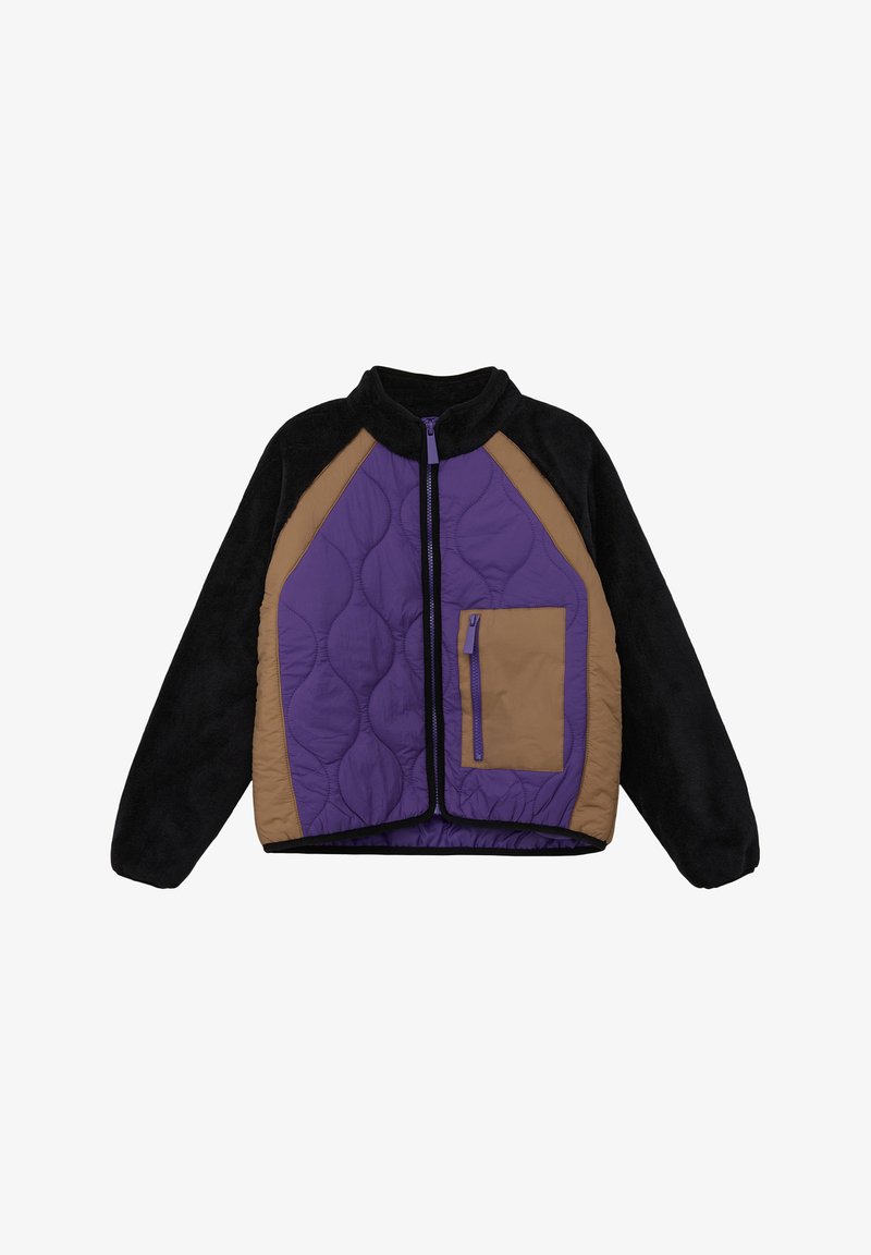 Gepolsterte Jacke in Schwarz, Lila und Braun. Mit Stehkragen, durchgehendem Reißverschluss vorne und einer Seitentasche mit lila Reißverschluss. Weicher Griff.