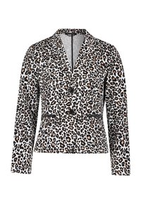 Luipaardprint blazer in wit, zwart en tan, met een gegesneden revers, twee knopen en zijzakken met ritsaccenten.