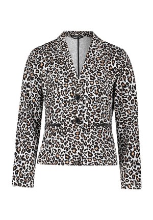 Blazer con stampa leopardata in bianco, nero e beige, con revers, due bottoni e tasche laterali con dettagli a zip.