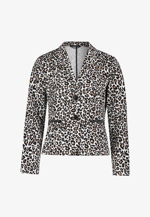 Blazer en imprimé léopard blanc, noir et beige, avec revers en pointe, deux boutons et poches latérales avec des accents de fermeture éclair.