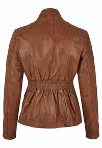 Braune Lederjacke mit tailliertem Schnitt, strukturiertem Kragen und gesteppten Details. Weiche Textur, figurbetontes Design und lange Ärmel.