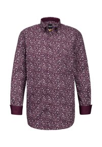 Langärmliges Hemd in tiefem Bordeauxrot mit einem kleinen weißen und rosa Blumenmuster. Verfügt über einen Button-Down-Kragen und kontrastierende Manschetten. Aus Baumwollmaterial.