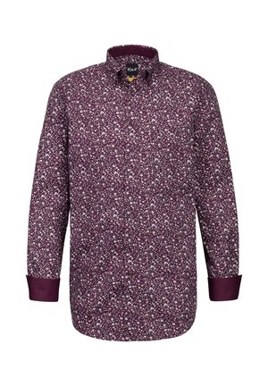 Langärmliges Hemd in tiefem Bordeauxrot mit einem kleinen weißen und rosa Blumenmuster. Verfügt über einen Button-Down-Kragen und kontrastierende Manschetten. Aus Baumwollmaterial.