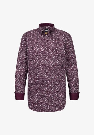 Camicia a maniche lunghe di un profondo bordeaux con un piccolo motivo floreale bianco e rosa. Presenta un colletto abbottonato e polsini a contrasto. Materiale in cotone.
