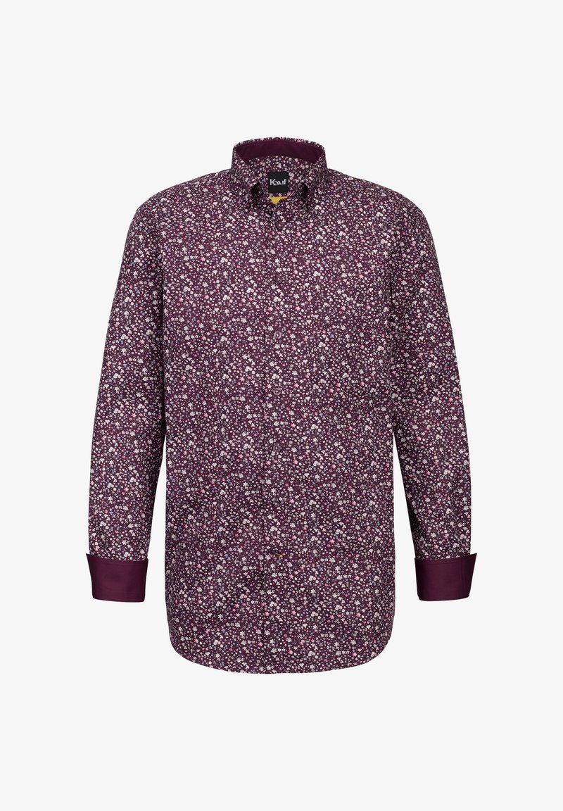 Camicia a maniche lunghe di un profondo bordeaux con un piccolo motivo floreale bianco e rosa. Presenta un colletto abbottonato e polsini a contrasto. Materiale in cotone.