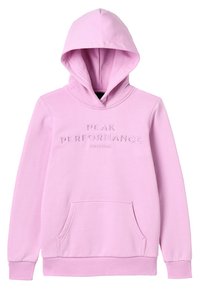 Sudadera con capucha de color rosa claro, con bolsillo tipo canguro en el frente y bordado que dice "PEAK PERFORMANCE ORIGINAL" en el pecho.