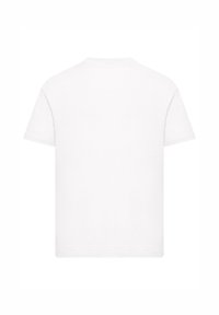 Ein schlichtes, weißes T-Shirt mit kurzen Ärmeln, von hinten gezeigt, mit einem Rundhalsausschnitt auf einem weißen Hintergrund.