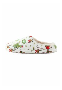 Pantofole bianche con motivi festivi a cartoni animati, tra cui il Grinch, renne, regali e bastoncini di zucchero. Fodera in morbido peluche e costruzione leggera.