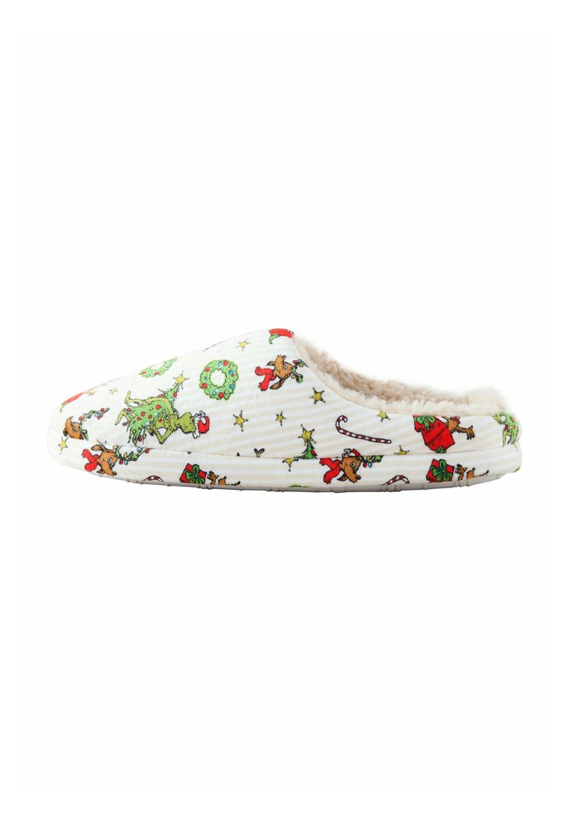 Pantofole bianche con motivi festivi a cartoni animati, tra cui il Grinch, renne, regali e bastoncini di zucchero. Fodera in morbido peluche e costruzione leggera.